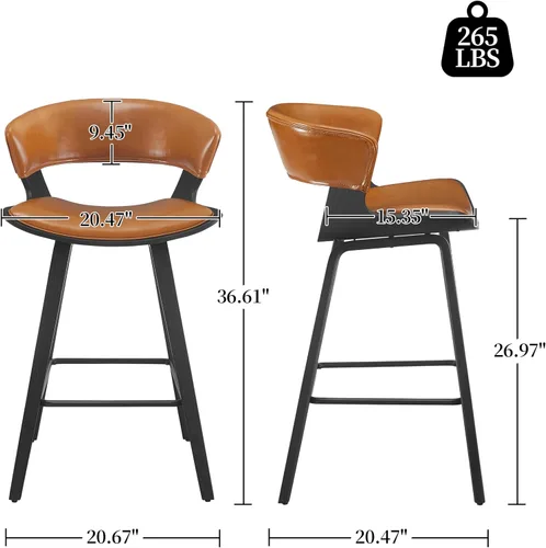 Vista 2 de Art Leon Juego de 4 taburetes de bar modernos de mediados de siglo con respaldo, taburetes tapizados de piel sintética con patas de madera maciza