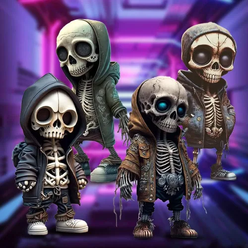 Vista 2 de 4 figuras de esqueleto geniales, decoración única de calavera de resina, adornos enanos de Halloween, estatua de gnomo de esqueleto para escritorio
