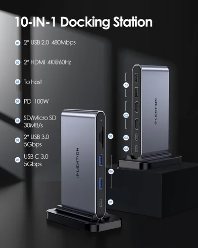 Vista 2 de LENTION Estación de acoplamiento para portátil USB C desmontable 10 en 1 con HDMI dual 4K a 60Hz, carga PD, USB C, USB-A, lectores de tarjetas