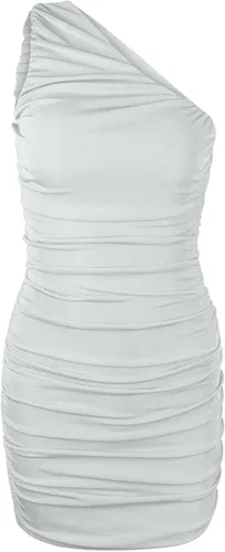 Vista 5 de LFEOOST Vestido de un hombro para mujer, entallado, sexy, entallado, sin mangas, fruncido, mini vestido de verano liso, casual, falda envolvente a
