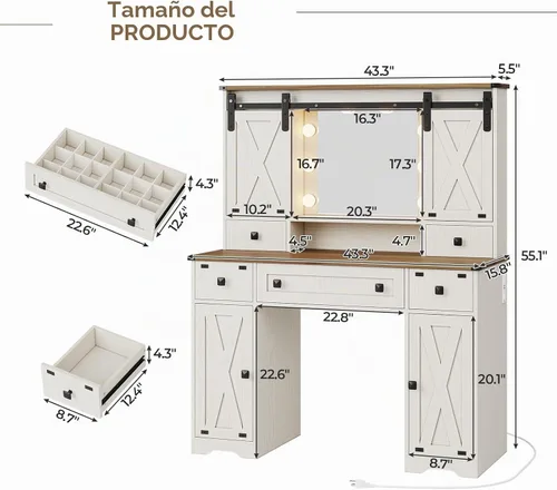 Vista 2 de Hasuit Escritorio de tocador de granja con espejo y luces, tocador de maquillaje blanco con estación de carga, espejo de tocador rústico con puerta