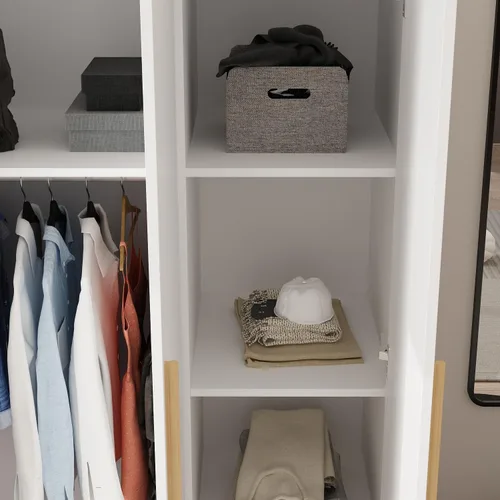 Vista 6 de MOUMON Armario con 3 puertas y estantes cubos, Armario con barra para colgar, armario para dormitorio, color blanco, 18.9 pulgadas de profundidad x