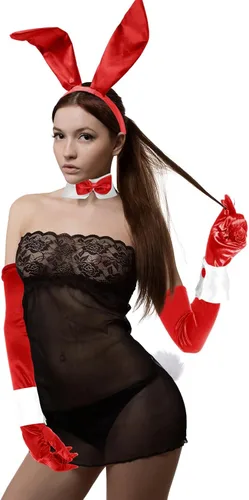 Vista 6 de Zhanmai Conjunto de disfraz de conejo que incluye diadema de orejas de conejo, puños y accesorio de cola de conejo para fiesta de cosplay