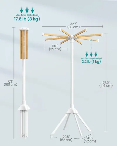 Vista 6 de SONGMICS Estante de secado de ropa, con varillas de bambú para colgar, estante de lavandería plegable de metal, ahorro de espacio, aireador