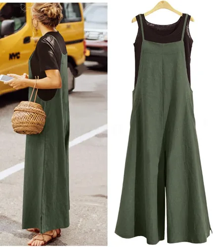 Vista 3 de YESNO Enterizo holgado de estilo informal con pechera larga, overol con pantalones largos de pierna ancha, rómper de algodón y con bolsillos