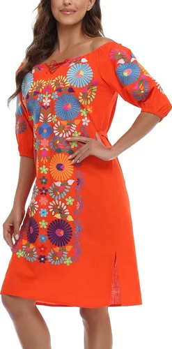 Vista 8 de YZXDORWJ Vestido bordado mexicano de manga corta para mujer