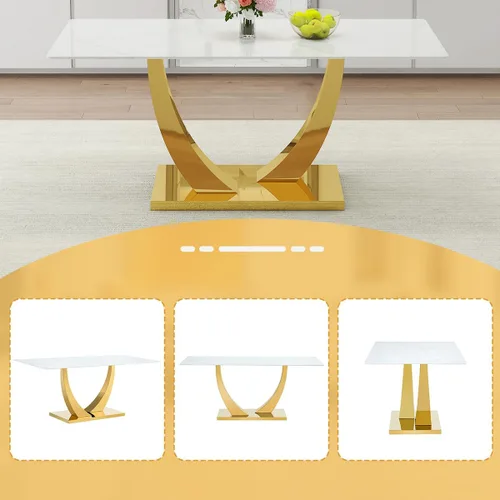 Vista 7 de Juego de mesa de comedor blanca para 6, 71 pulgadas, juego de mesa de comedor de mármol sintético para 6 Modern Dining Table Set for 6, Black PU