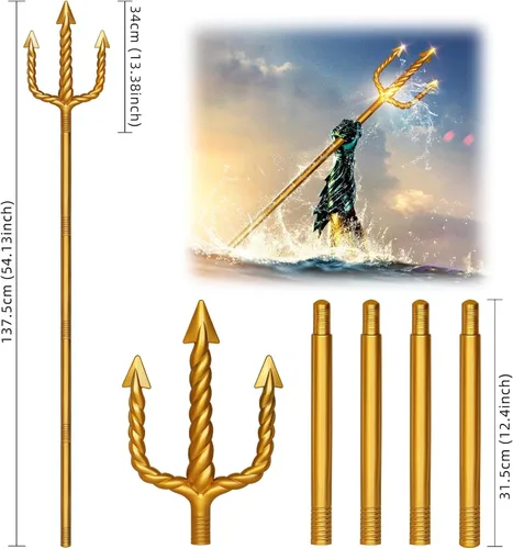 Vista 2 de Tridente dorado de 54 pulgadas King Neptune Trident accesorio para disfraz de Tridente Poseidón de plástico para decoración de Halloween