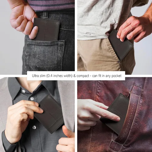 Vista 7 de Cartera para bolsillo frontal, bloqueo RFID, de piel, plegable, con ventana de identificación, para hombre
