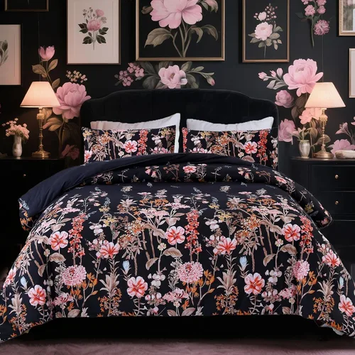 Vista 10 de MAG Juego de edredón floral de 3 piezas, tamaño individual, juego de ropa de cama de microfibra con estampado de flores negras, para todas
