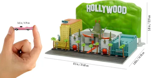 Vista 5 de Jada Nano Hollywood Rides Paseo de la Fama Diorama con letrero de Hollywood y 2 vehículos