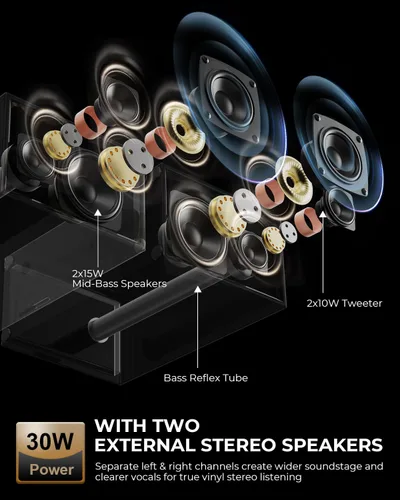 Vista 2 de Tocadiscos de vinilo vintage con altavoces estéreo externos, tocadiscos de 3 velocidades con entrada Bluetooth, grabación USB a PC, parada