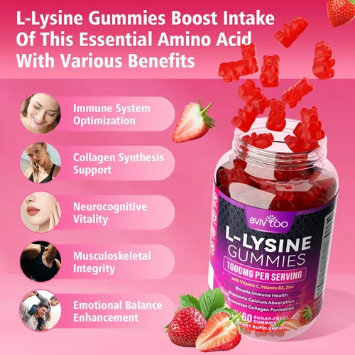 Vista 3 de L-Lisina - Gomitas de 1000 mg para apoyo inmunológico y salud de la piel, gomitas veganas de alta potencia, sin azúcar, sabor a bayas naturales