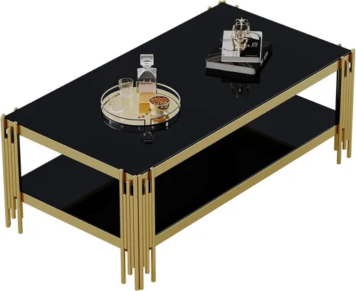 Vista 9 de Mesa de centro de cristal de lujo, mesa de centro de sofá de 47 pulgadas con marco de acero inoxidable dorado y parte superior de vidrio negro, mesa