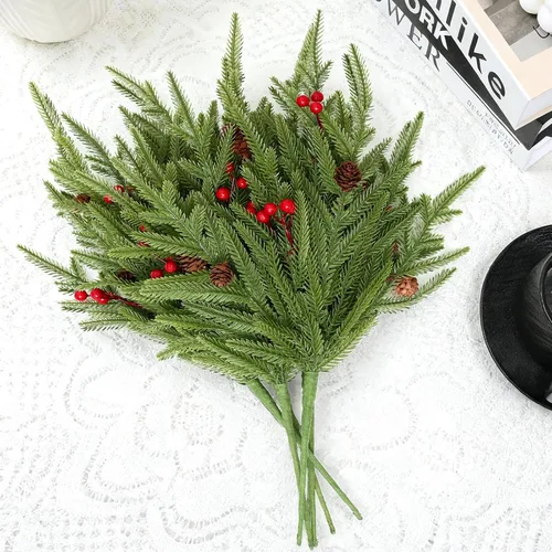 Vista 4 de 24 piezas de tallos de pino Norfolk, ramas de pino artificiales de Navidad de 17", tallos de vegetación artificial de imitación, tallos de cedro