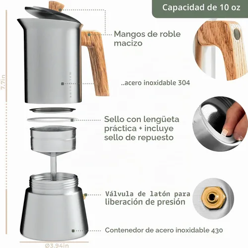 Vista 6 de WALDWERK Cafetera Moka de Acero Inoxidable (10 oz) - Cafetera Moka Libre de Tóxicos con Mango de Madera de Roble - Cafetera de Estufa para Espresso
