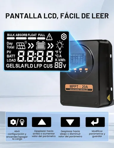 Vista 5 de Controlador de carga solar ECO-WORTHY MPPT 12V/24V 20A con Bluetooth