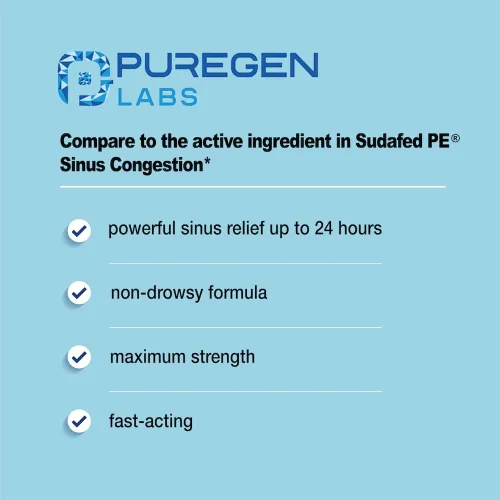 Vista 5 de P Puregen Labs Descongestionante nasal PE 100 tabletas Fenilefrina HCl 10 mg en tabletas Concentración máxima Alivio sin somnolencia