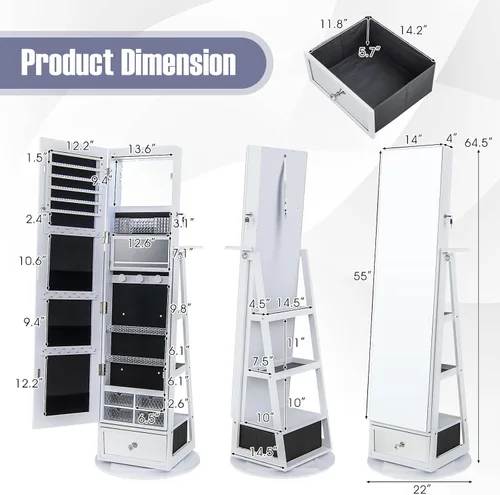Vista 7 de CHARMAID Armario de joyería giratorio de 360 con espejo de longitud completa de 64.5 pulgadas de alto, 6 LED organizador de joyas con cerradura
