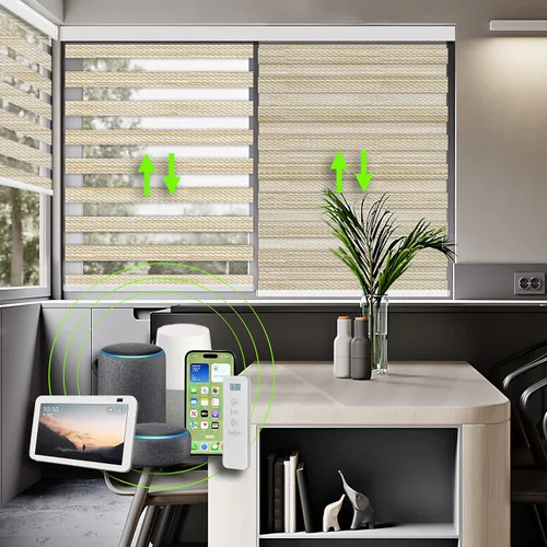 Vista 18 de Persianas enrollables con filtro de luz motorizadas de cebra/roller – Serie RAVENWOOD-B502, persianas inteligentes para ventanas con control remoto