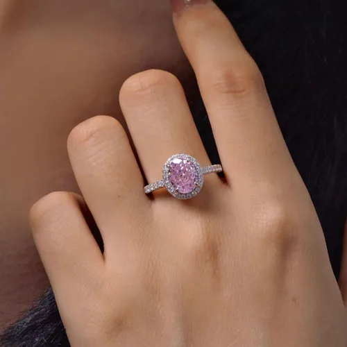 Vista 2 de michooyel S925 - Anillo de compromiso de diamante rosa de corte ovalado de 2.0 quilates para mujer, anillo de boda de diamantes con halo