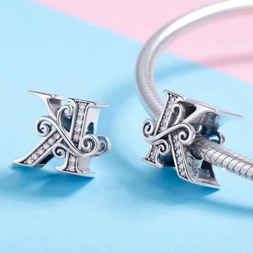 Vista 2 de Plata de ley 925 maciza con piedras cúbicas, opciones de regalo completas AZ alfabeto encantador, letras abalorios para pulseras europeas Pandora