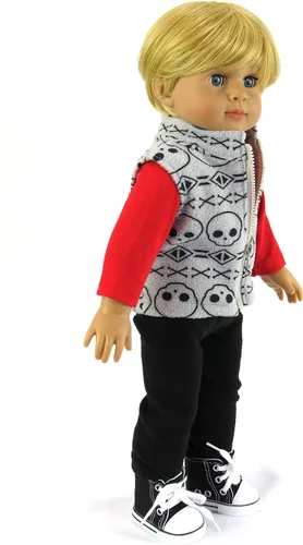 Vista 3 de American Fashion World Conjunto de chaleco y pantalones de calavera para niños de 3 piezas para muñecas de 18 pulgadas Calidad premium y diseño
