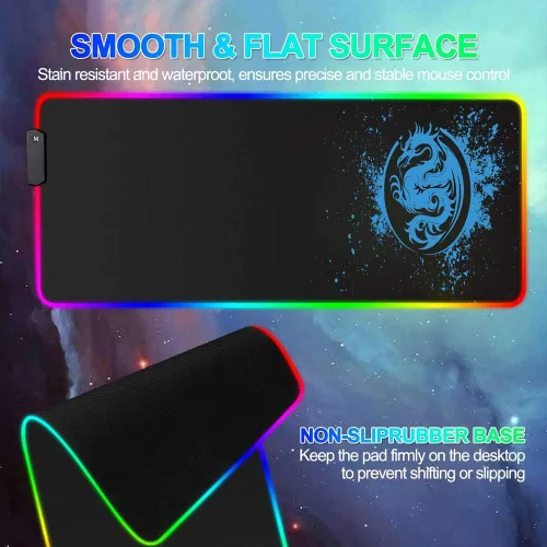 Vista 3 de Alfombrilla de mouse grande RGB para juegos, 15 modos de luz, alfombrilla de teclado de computadora extendida, alfombrilla de mouse de dragón