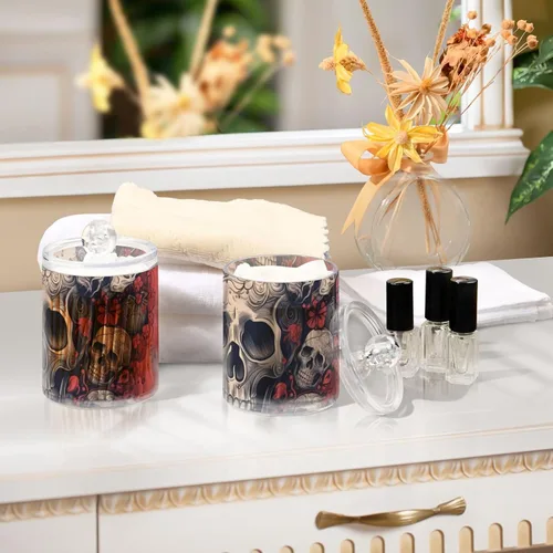 Vista 7 de Vnurnrn Qtip - Dispensador de bolas de algodón con tapa, estampado de corazones y calaveras, tarros de plástico, recipientes de baño, organizador