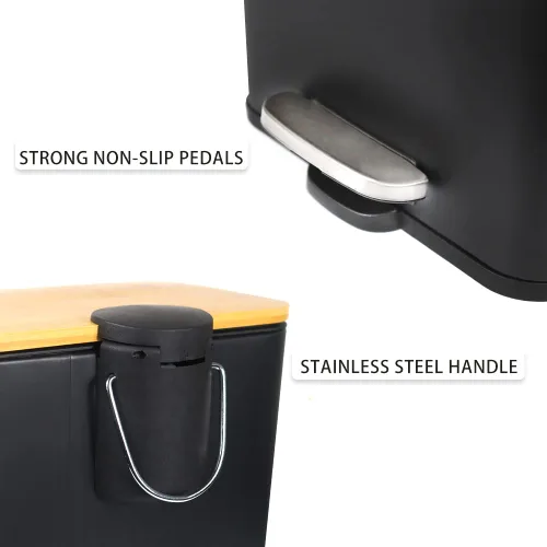 Vista 6 de SIDIANBAN Bote de basura pequeño con tapa de bambú, cierre suave y pedal de pie, cubo de basura rectangular de 1.3 gales/5 litros con papelera Negro