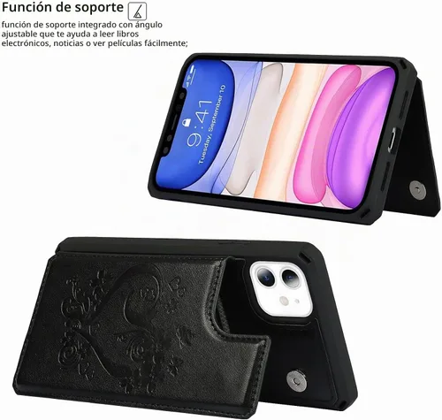 Vista 6 de iCoverCase Funda compatible con iPhone 11 con tarjetero para mujer, bloqueo RFID en relieve, piel sintética con correa de muñeca de 6.1 pulgadas