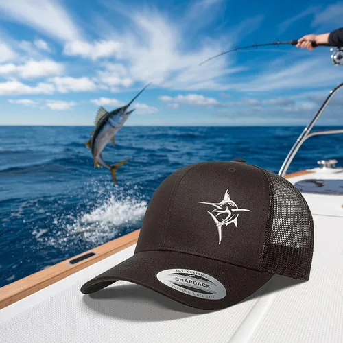 Vista 6 de Embroidered Swordfish Trucker Hat for Men & Women – Adjustable Mesh Back Snapback Baseball Cap for Fishing Negro-swwt