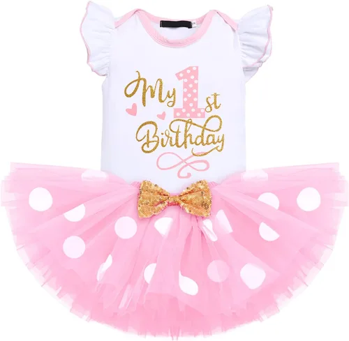 Vista 11 de IMEKIS Conjunto de mameluco para bebé niña de primer y tercer cumpleaños + falda tutú de lunares + diadema para niños pequeños sesión de fotos