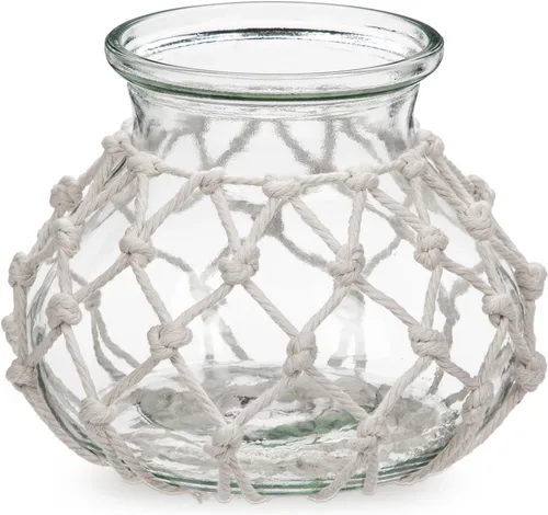 Vista 9 de Hollyone Jarrón de vidrio ámbar con cubierta de cuerda de algodón, jarrón redondo de vidrio tejido, botella de flores decorativa, jarrón moderno
