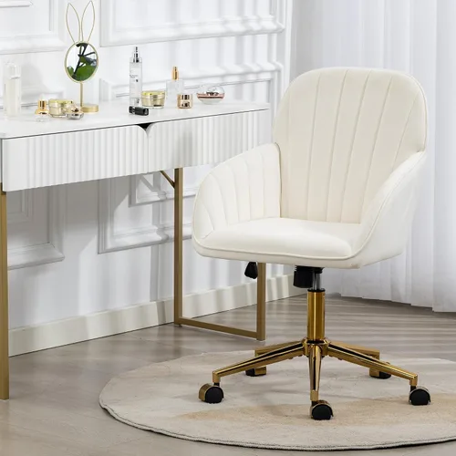 Vista 8 de Silla de tocador de terciopelo con ruedas y base dorada, 330 libras Beige