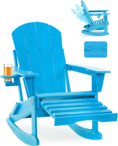 Vista 20 de Mecedora plegable Adirondack, silla de patio multifuncional 4 en 1 con otomana retráctil, silla de exterior con textura de madera, silla de césped