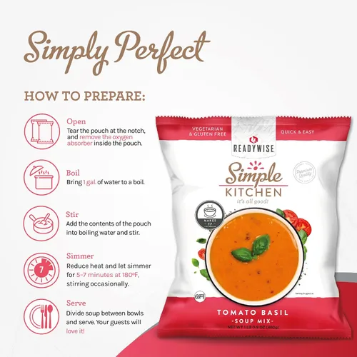 Vista 3 de Simple Kitchen - Mezcla de sopa de tomate y albahaca, 17 porciones para preparación de comidas familiares, vegetariana, sin gluten y liofilizada