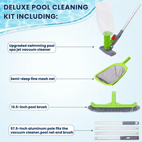 Vista 2 de Sepetrel Kit de limpieza de piscina de lujo con aspiradora de chorro, cepillo, red de skimmer semi-profunda y poste ajustable de 57.5 pulgadas