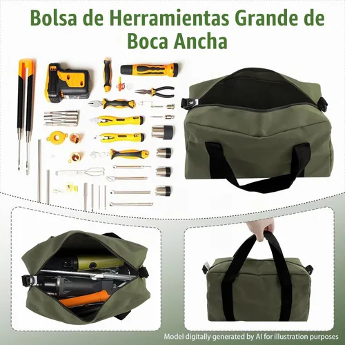 Vista 2 de Bolsa de herramientas pequeña, bolsa organizadora de herramientas de boca ancha superior, bolsas de herramientas grandes Verde militar