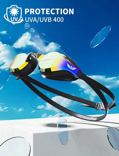Vista 5 de Swim Goggles for Men Women – No Leak Anti-Fog UV HD Wide Vision, Racing & Swimming Goggles Black-Electroplate
