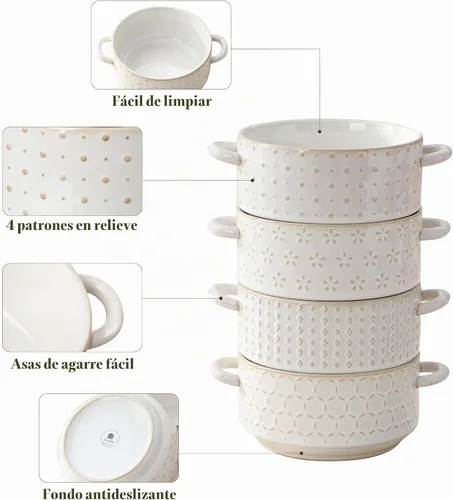 Vista 5 de MALACASA Juego de 4 cuencos de cerámica de 20 oz con asas – Cuencos de sopa de cebolla francesa aptos para horno y microondas, patrones únicos