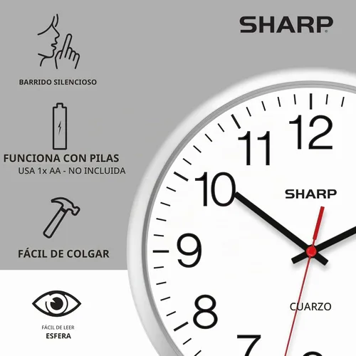 Vista 5 de Sharp Reloj de pared con batería de 14 pulgadas, silencioso, sin tictac
