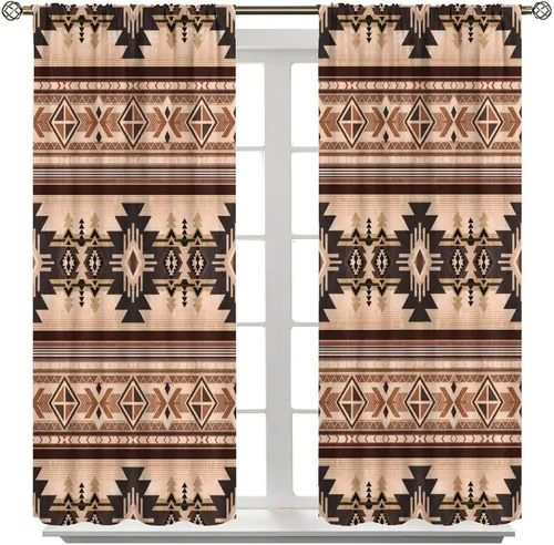 Vista 53 de Cortinas con patrón geométrico tribal, estilo suroeste, azteca, rústico, occidental, nativo americano, opacas, con bolsillo para barra, decoración