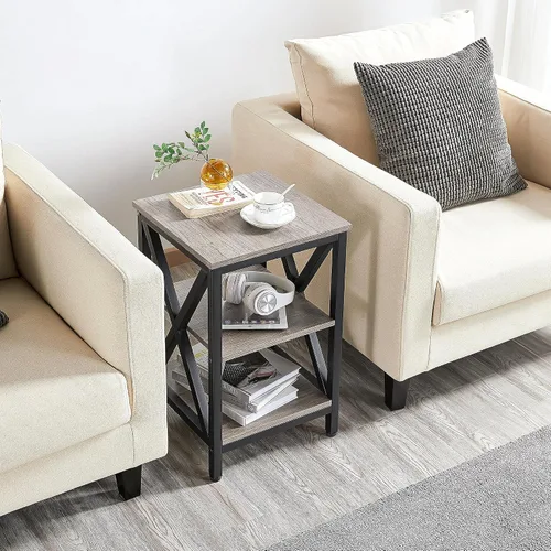 Vista 4 de Topeakmart Mesa auxiliar industrial con estantes de almacenamiento para sala de estar, mesa de sofá de 3 niveles, muebles decorativos con aspecto