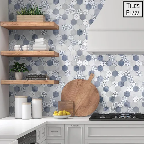 Vista 6 de The Tiles Plaza 10 Hojas de Azulejos Despegar y Pegar para Salpicadero, Aspecto de Mármol Compuesto de Piedra Hexagonal de Cemento Azul Autoadhesivo