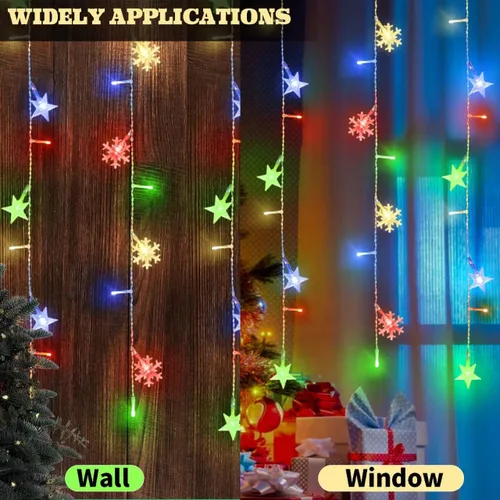 Vista 2 de Newhale Tira de luces de cortina de Navidad con 8 modos de luces con copo de nieve y estrella, luces de pared para decoración de Navidad
