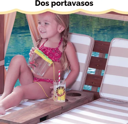 Vista 6 de KidKraft Tumbona doble de madera para exteriores con portavasos, muebles de patio para niños o mascotas, espresso con avena y tela a rayas blancas