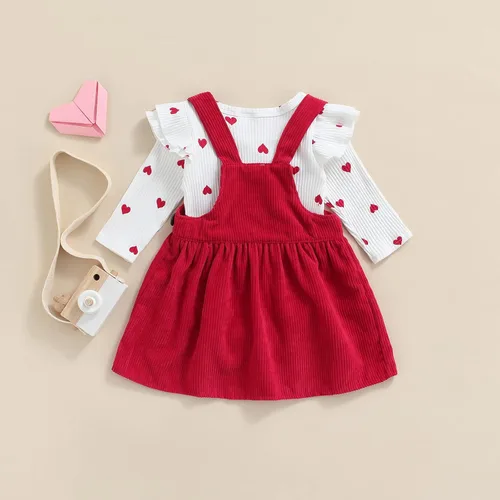 Vista 10 de My First Valentine's Day - Conjunto de ropa para bebé niña con volantes, manga larga, estampado de corazón, falda con tirantes
