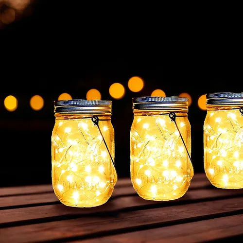 Vista 4 de Ostritec Tapas de luces solares para tarros de masón, paquete de 12 30 luces LED (tarros no incluidos), luces solares colgantes para exteriores