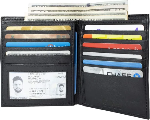 Vista 4 de Billetera negra plegable de cuero para hombre con RFID protegida cartera, Negro -, Billetera plegable